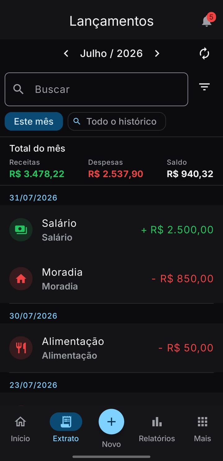 Tela de lançamentos do GCF